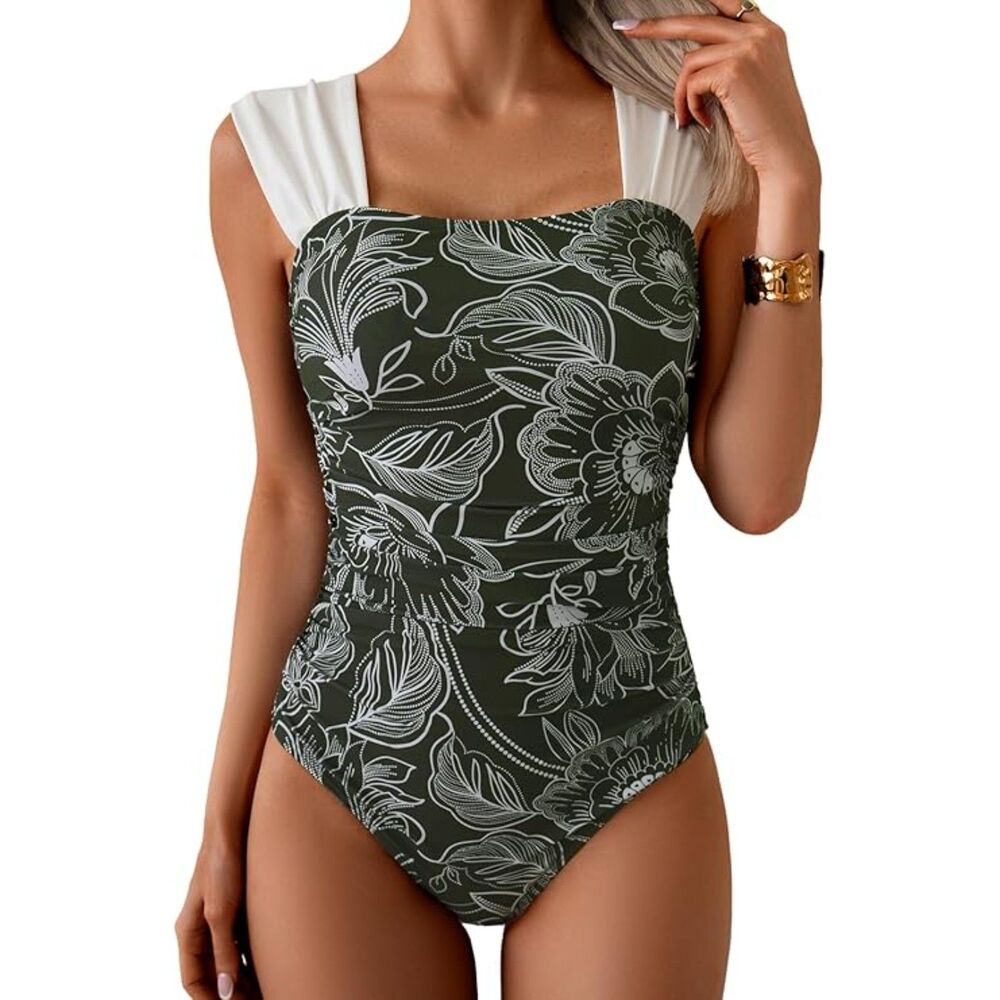 NWT B2prity One Piece Swimsuit Retro in Army Green Floral
